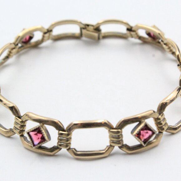 Sweet Emmons Signed Designer Pink Fucshia Glass Squared Rose Gold Tone Bracelet - Picture 1 of 9